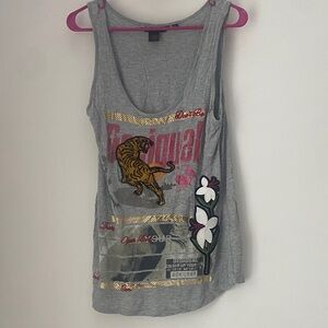 Desigual Gray Tank Top with Tiger and Floral Design